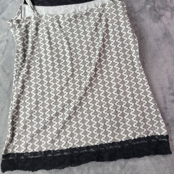 Geometric Print Lace Trim Cami Top Womens Black White Sleeveless Stretch Y2K - Picture 7 of 9